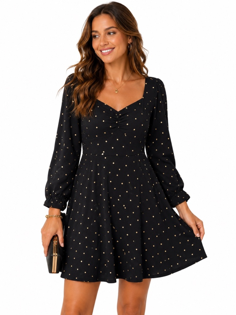Old Navy Black Gold Polka Dot Fit Flare Dress Sweetheart Neck 2X